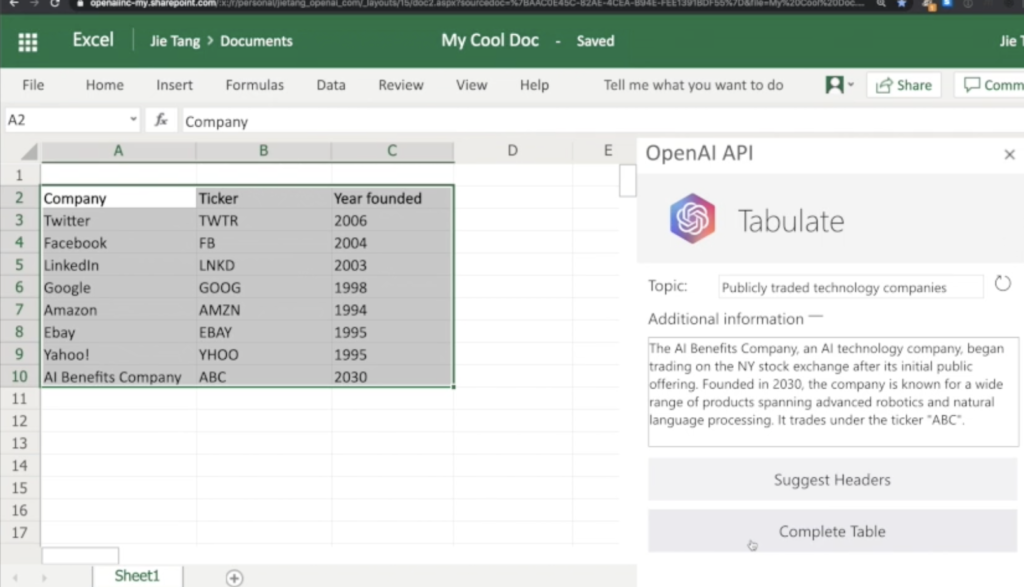 Excel (OpenAI Tabulate) - screen 1