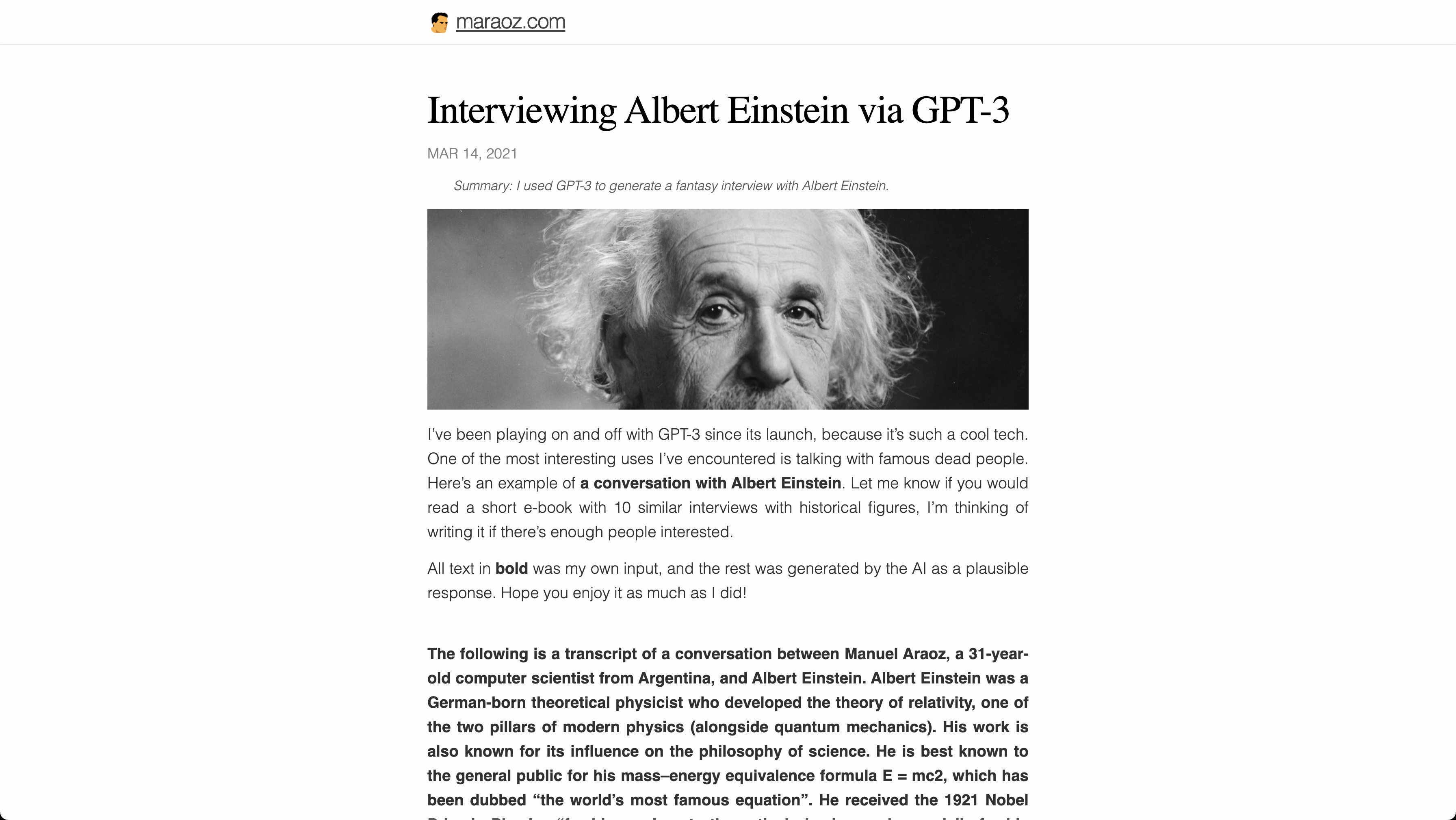 Interviewing Albert Einstein via GPT-3 - screen 1