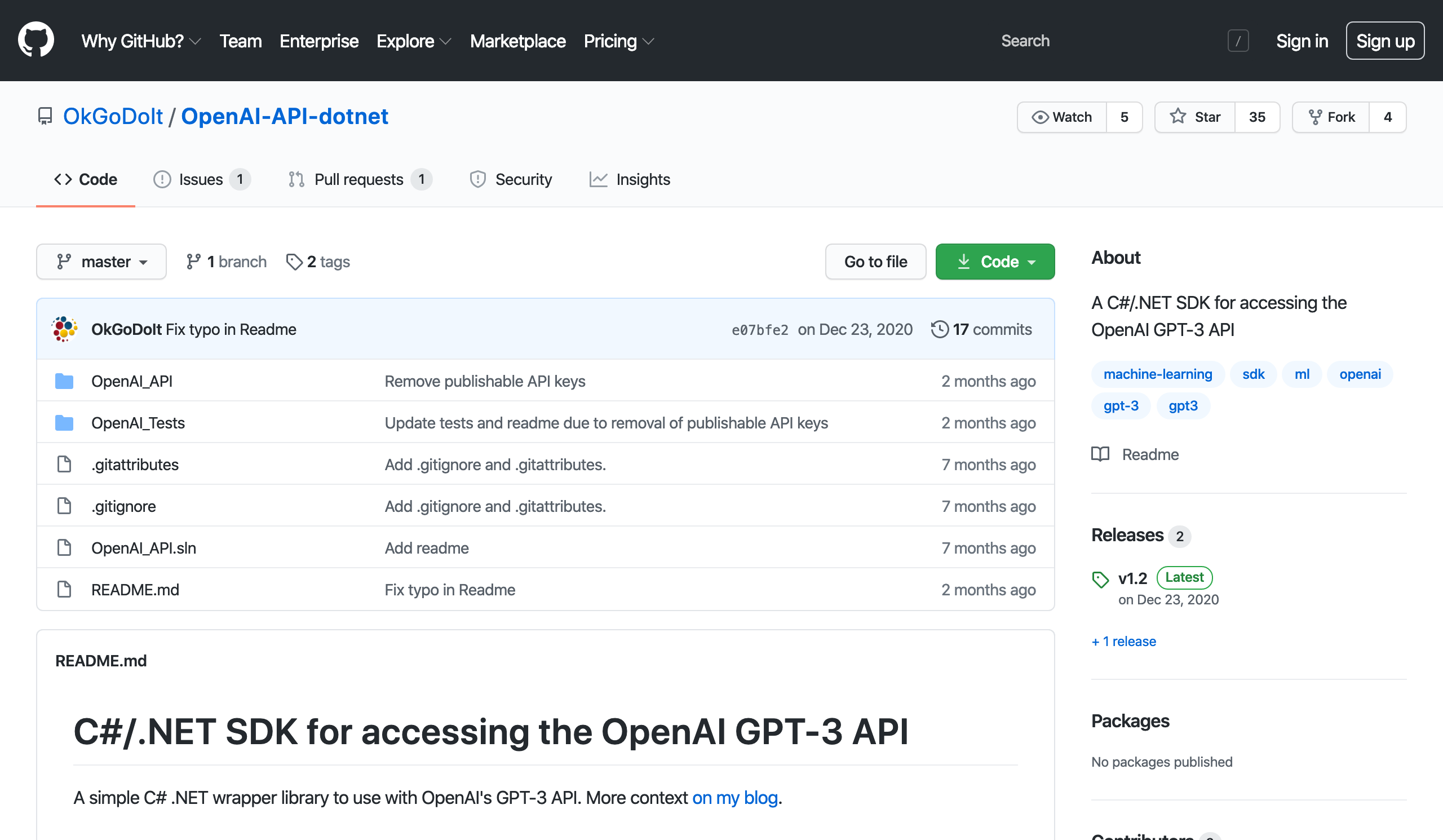 OpenAI GPT-3 C#/.NET SDK - screen 1